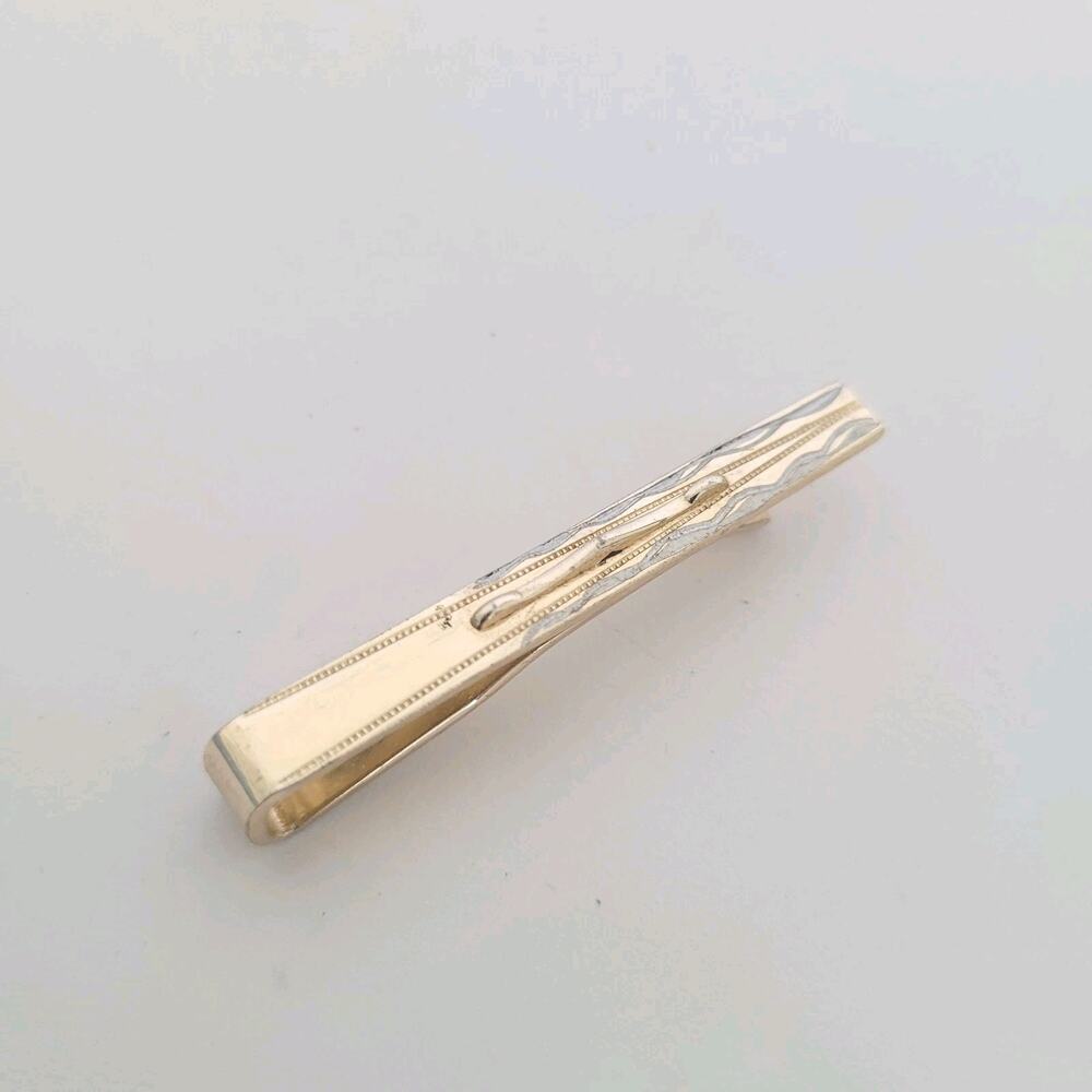 Rolled Gold Tie Bar Clip Tac Clasp Retro Engraved Rectangle Lightweight